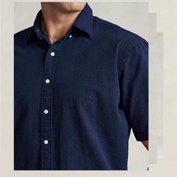 NWT Ralph Lauren Men 4XLT Tall SeerSucker Shirt Navy Blue Short Sleeve Button Up - Picture 3 of 10